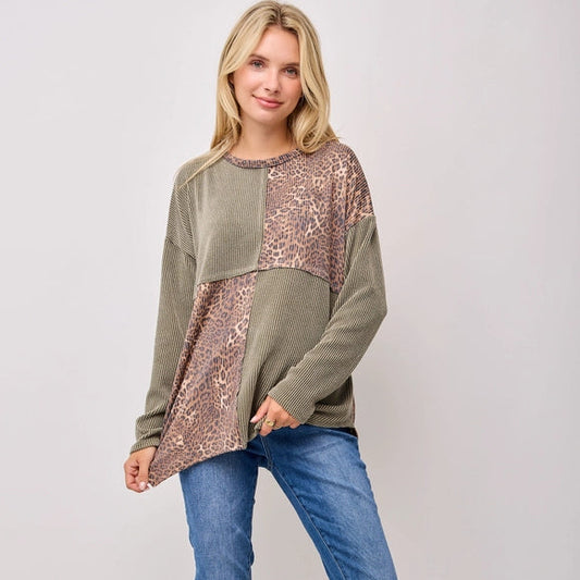 Long Sleeve Color Block & Animal Print Top