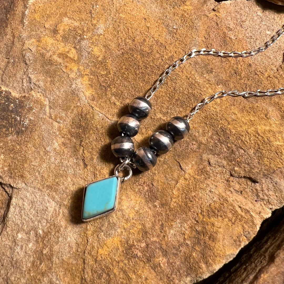 Navajo Pearl with Turquoise Diamond Drop 14-inch Chain Necklace