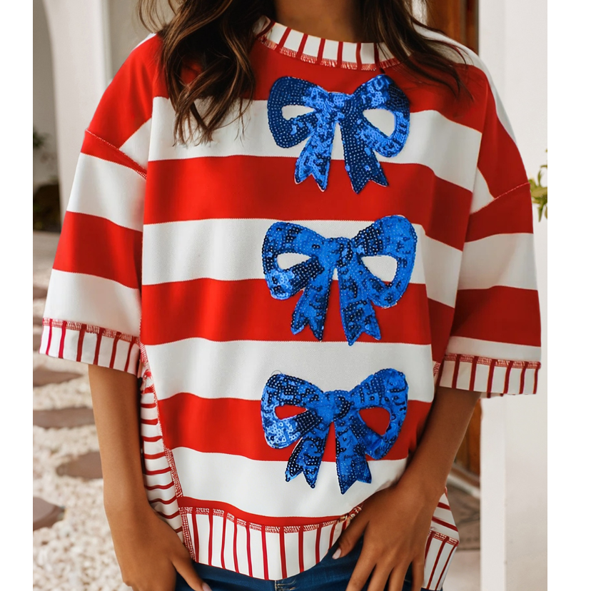 Sequin Bow Patriotic Half Sleeve Top