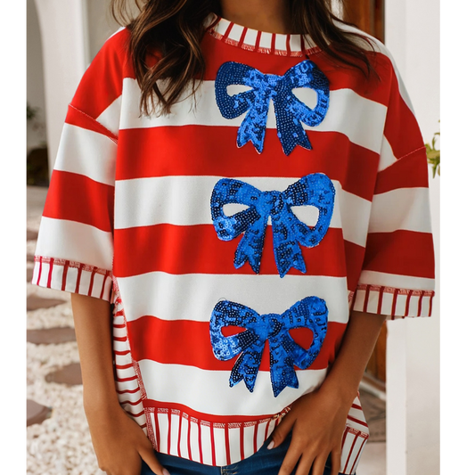 Sequin Bow Patriotic Half Sleeve Top