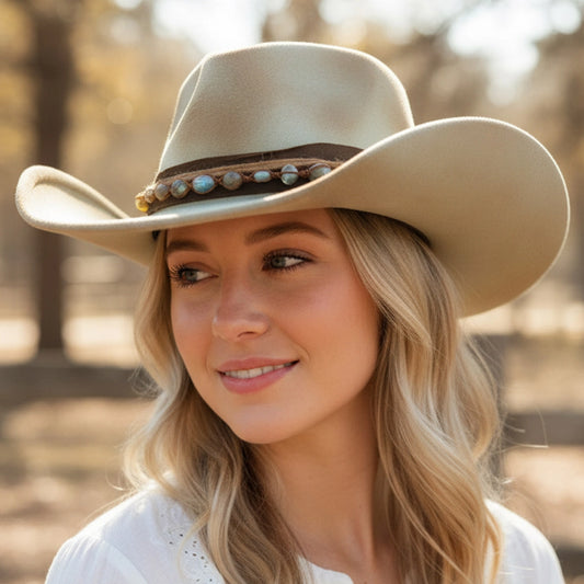 Bead And Feather Rustic Style Cowgirl Fedora Hat with Distressed Fabric