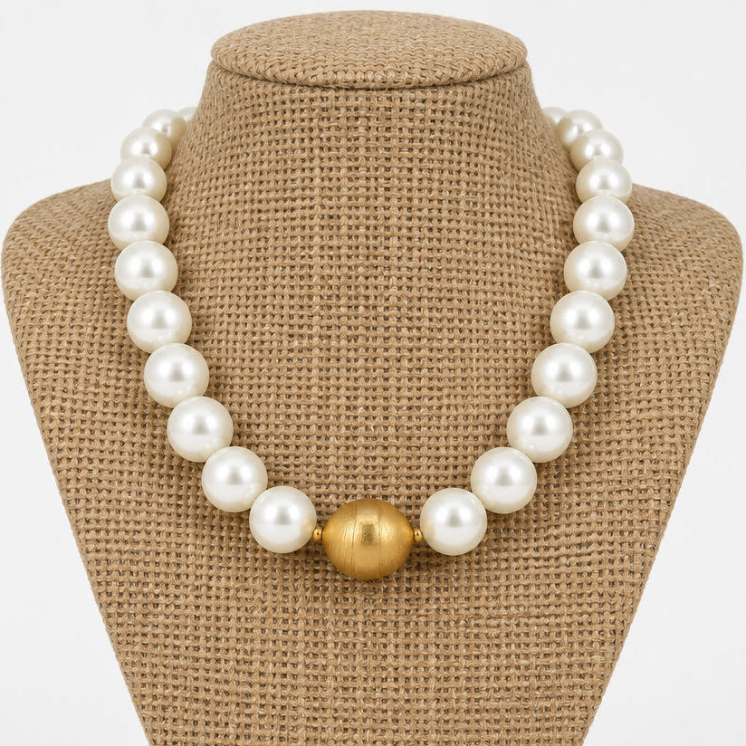 Water Resistant 25MM Gold and Pearl Ball Beaded with Magnetic Closure Necklace