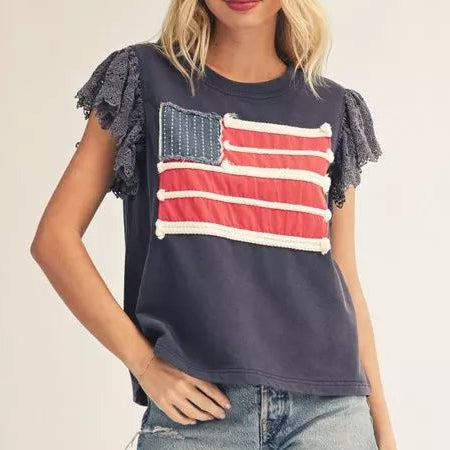 Navy Lace Flutter Sleeves American Flag Patched Top