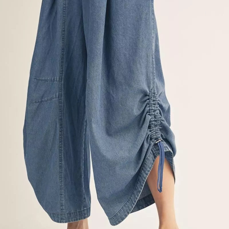 Short Drop Shoulder Wide Leg Washed Denim Jumpsuit
