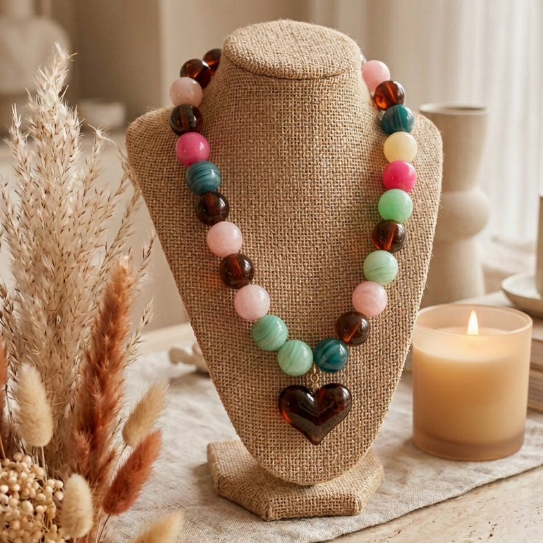Ella Chunky Beaded Necklace with Heart Charm - Pink