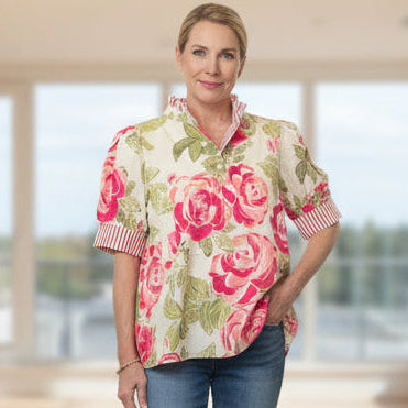 Short Sleeve Floral Pattern Top with Ruffled Neckline