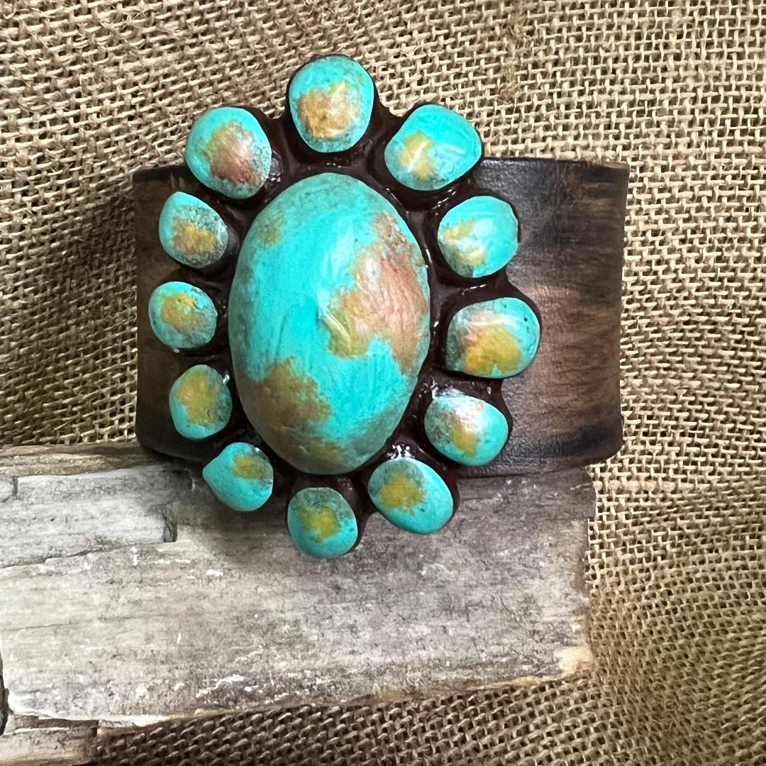 Turquoise Buffalo Polymer Clay Squash Blossom Leather Cuff