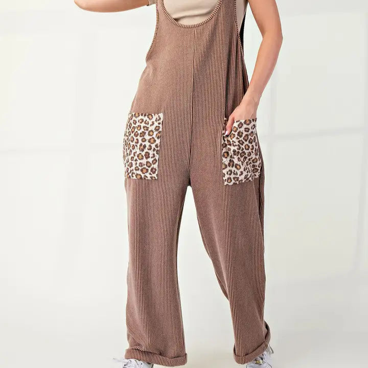Brown Animal Print Rib Jumpsuit