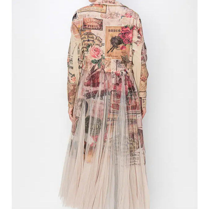 Chic Contrast Longline Blazer Jacket with Mesh Tulle Panel