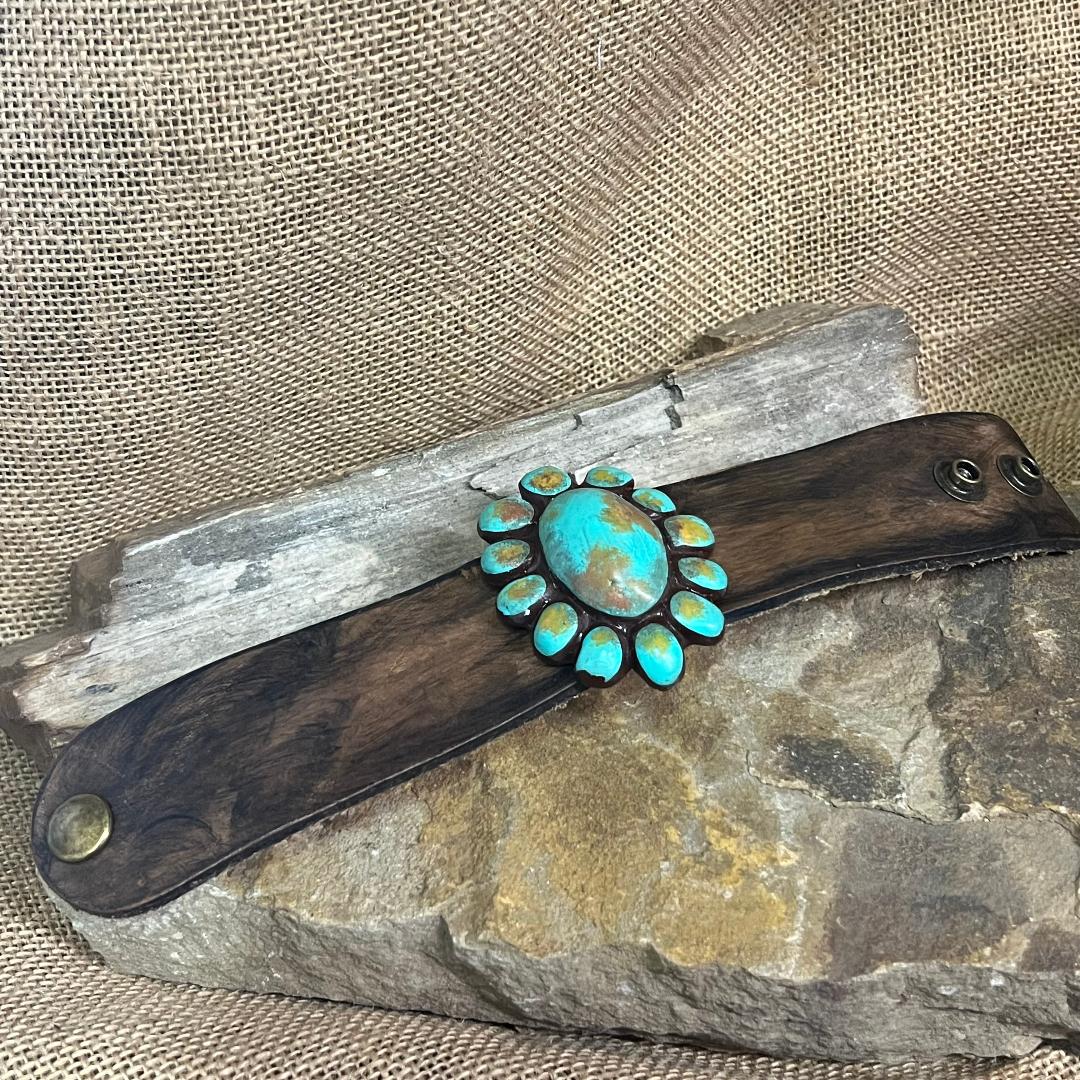 Turquoise Buffalo Polymer Clay Squash Blossom Leather Cuff