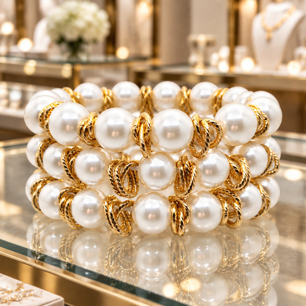 Set of Three Pearl Beaded and Gold Stretch Bracelets