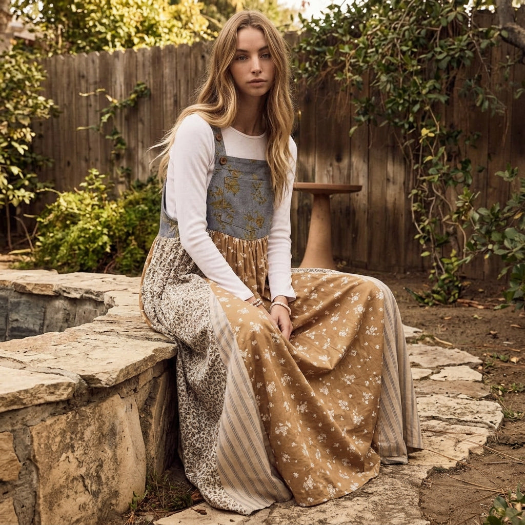 Mixed Floral Print Overall Maxi Dress