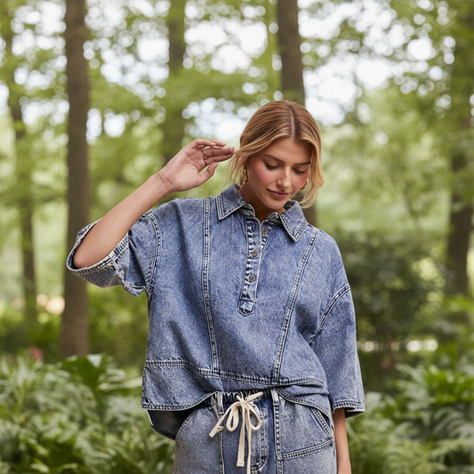 Denim Collared Oversized Short Sleeved Top