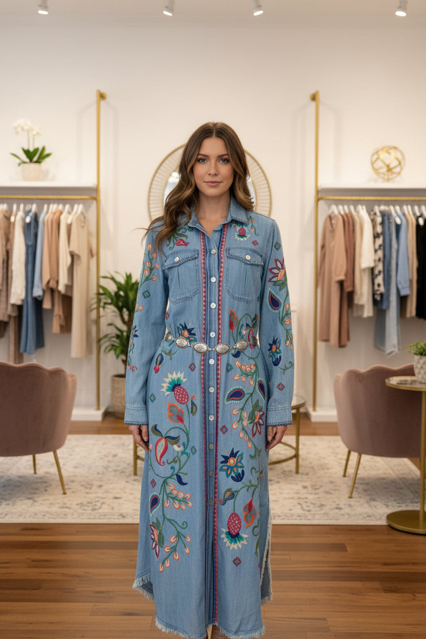 WOVEN DENIM BUTTON FRONT 3/4 SLEEVE DRESS W/ EMBROIDERY