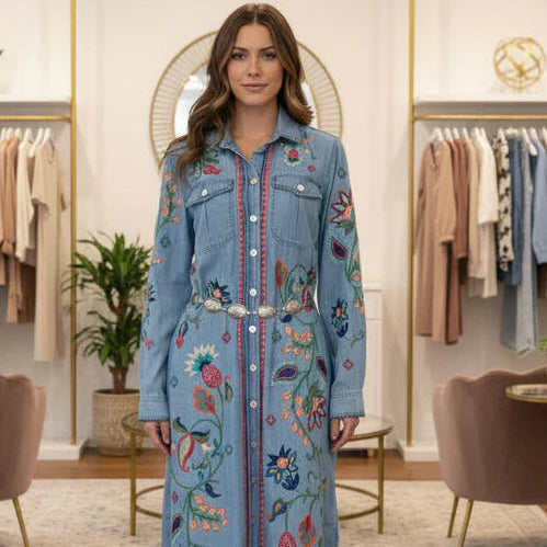 WOVEN DENIM BUTTON FRONT 3/4 SLEEVE DRESS W/ EMBROIDERY