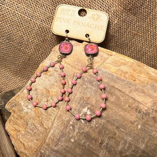 Pink Bead Teardrop Wire Earrings