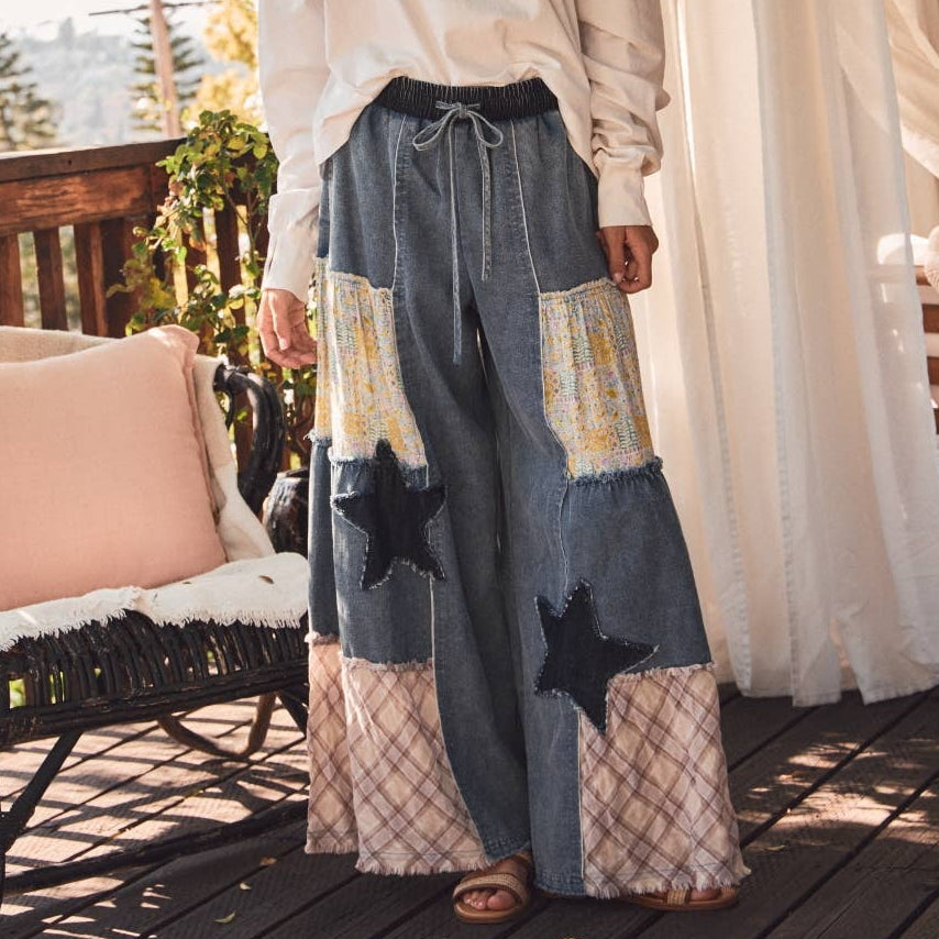 Mixed Fabric Patchwork Wide Leg Pants