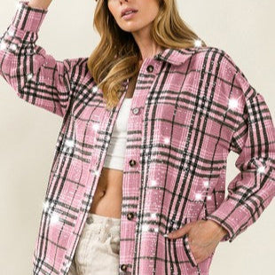 Allover Clear Sequin Vintage Pink Plaid Jacket