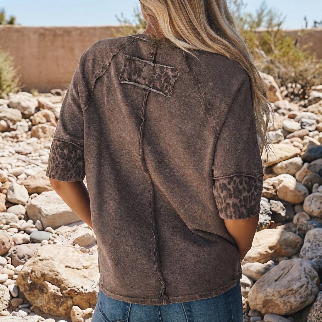 Mineral Wash Exposed Seam Leopard Star Patched T Shirt