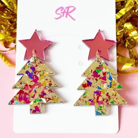 Gold Confetti Acrylic Christmas Tree with Pink Star