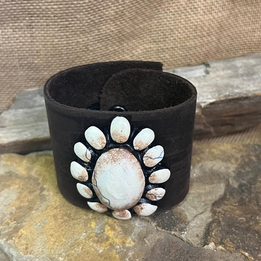 White Buffalo Polymer Clay Squash Blossom Leather Cuff