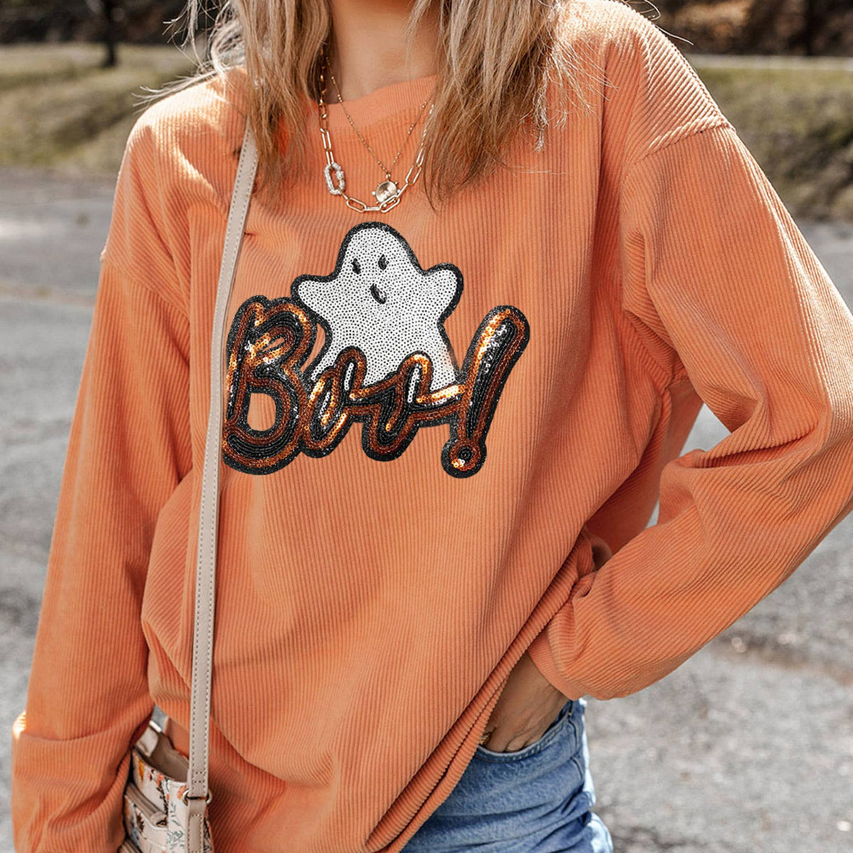 Sequin Ghost Letter Graphic Halloween Corded Sweatshirt