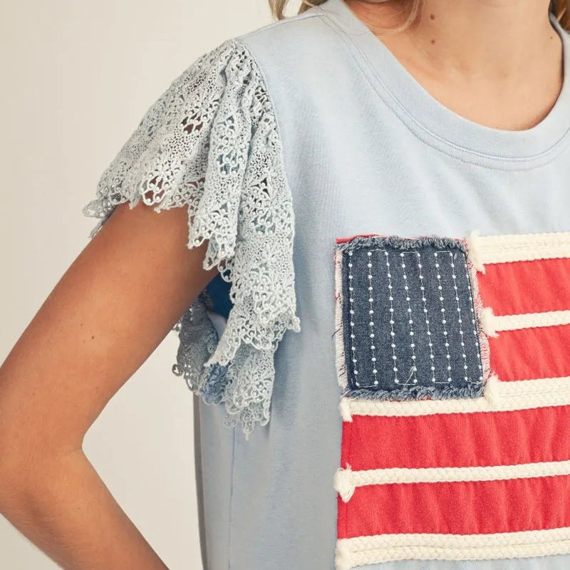 Lace Flutter Sleeves American Flag Patched Top