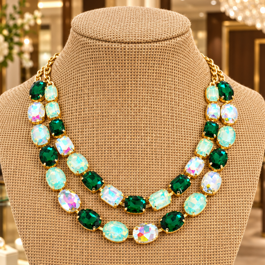 Green Layered Round Crystal Necklace