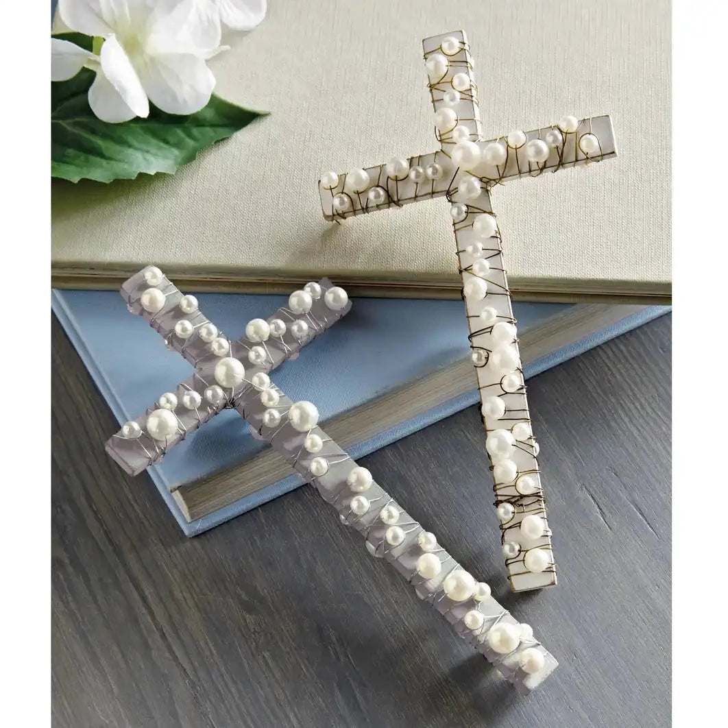 Wire Pearl Wrapped Wood Cross Various Colors
