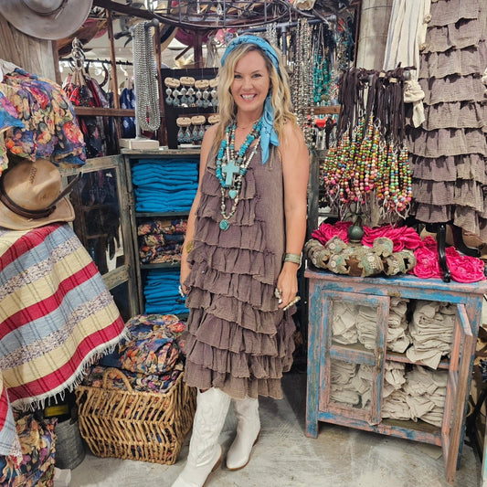 Burlap Linen Full Ruffle Dress