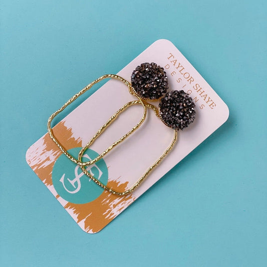 Rectangle Gunmetal Glitter Top Hoop Earrings