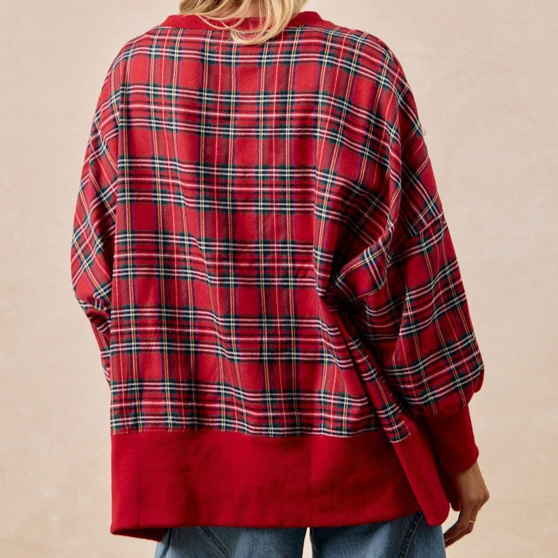 MERRY LETTER PATCHES CHRISTMAS PLAID OVERSIZED SWEATSHIRT