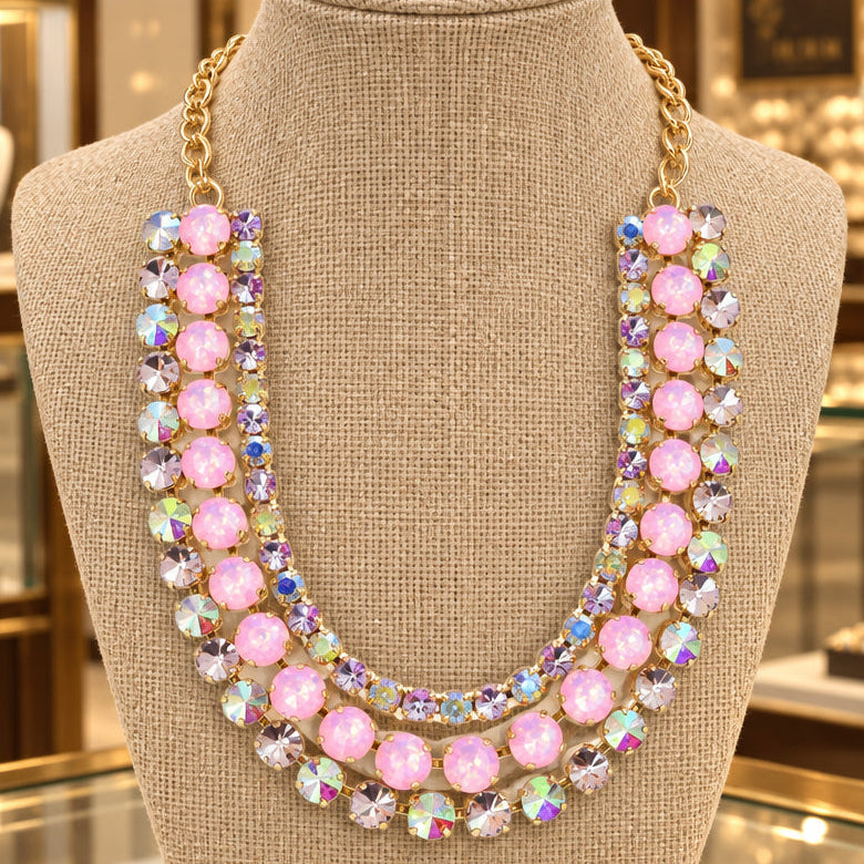 Light Pink  Three Strand Crystal Necklace