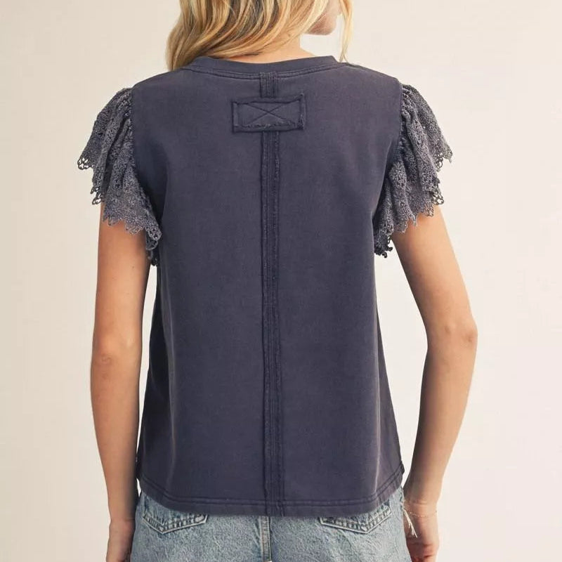 Navy Lace Flutter Sleeves American Flag Patched Top