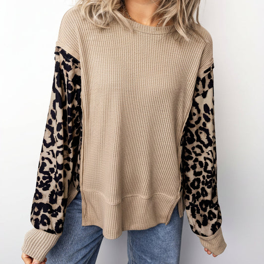 Leopard Sleeve Waffle Knit Split Hem Blouse