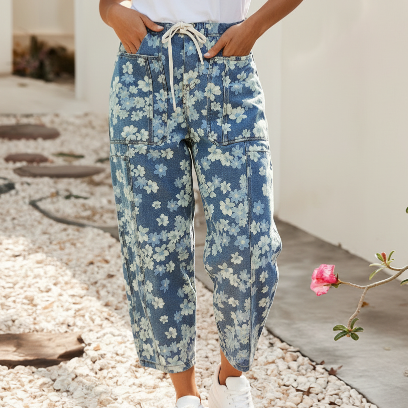 Dainty Floral Print Seam Detail Drawstring Barrel Jeans