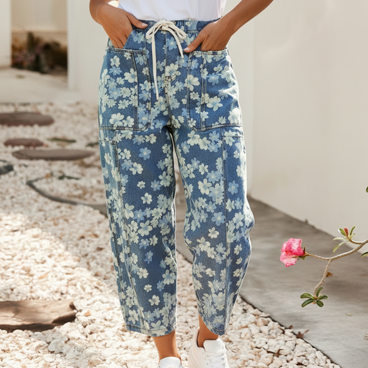 Dainty Floral Print Seam Detail Drawstring Barrel Jeans