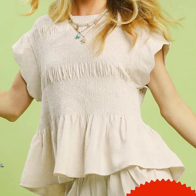 Oatmeal Smocked Peplum Top
