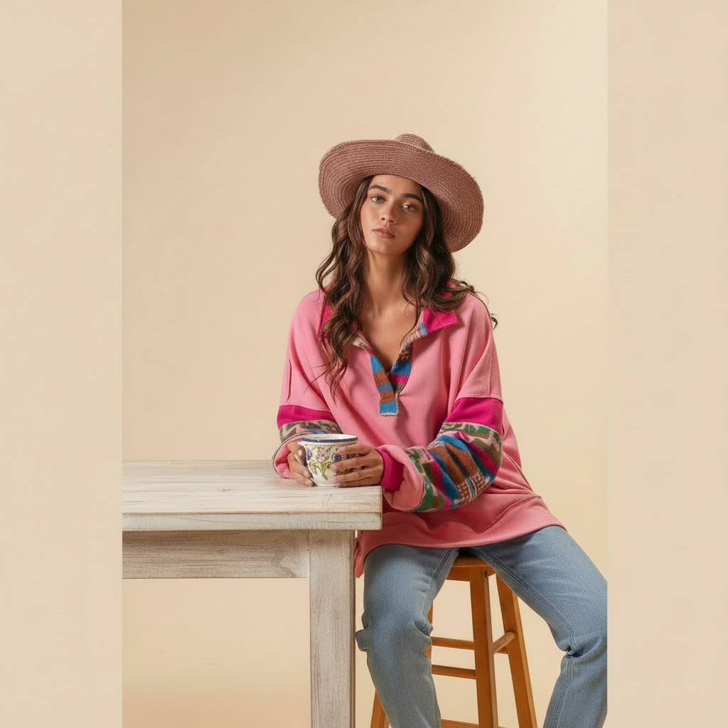 French Terry Knit and Aztec Print Mixed Top