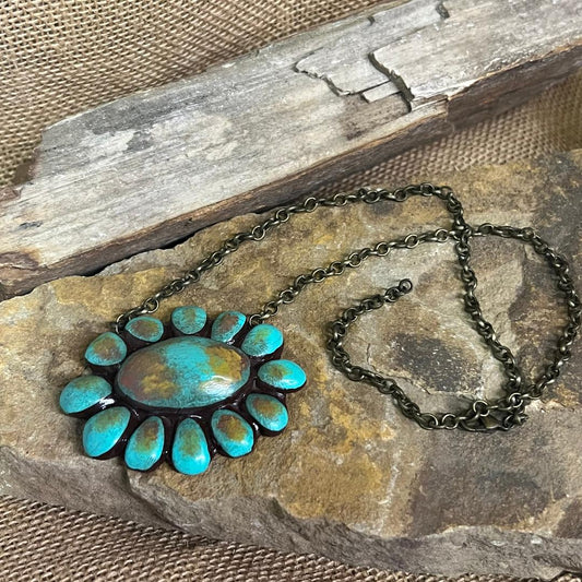 Vintage Turquoise Buffalo Polymer Clay Squash Blossom Necklace