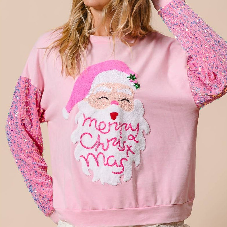 VELVET SEQUIN SANTA WASHED CHRISTMAS PULLOVER