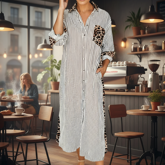 Contrast Leopard Patchwork Long Shirt Dress