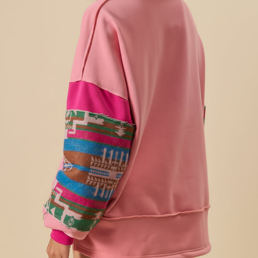 French Terry Knit and Aztec Print Mixed Top