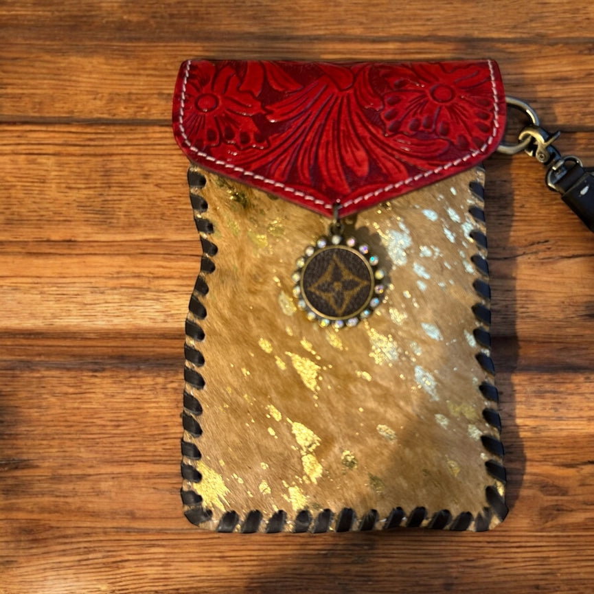 Tooled Cowhide Phone Crossbody-Red