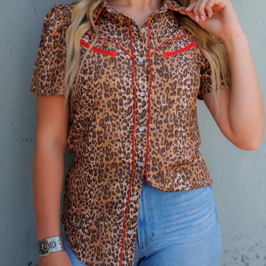 Howdy Hanny Pearl Snap, Leopard/Red Short Sleeve