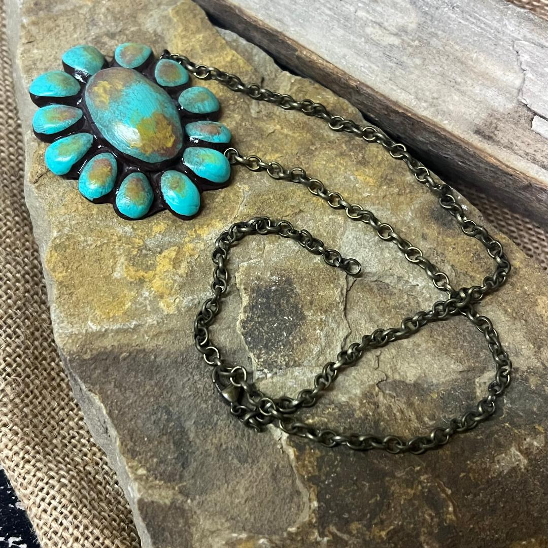 Vintage Turquoise Buffalo Polymer Clay Squash Blossom Necklace