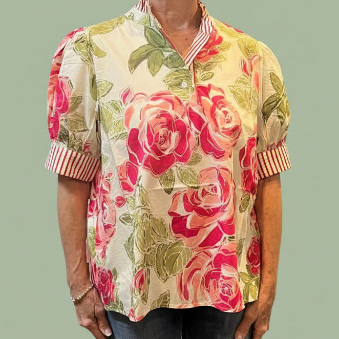 Short Sleeve Floral Pattern Top with Ruffled Neckline