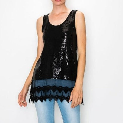 Black Sparkly Tank Top W/ Lace Layer