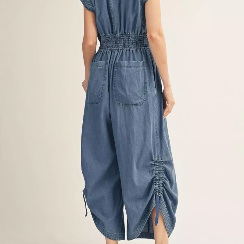 Short Drop Shoulder Wide Leg Washed Denim Jumpsuit