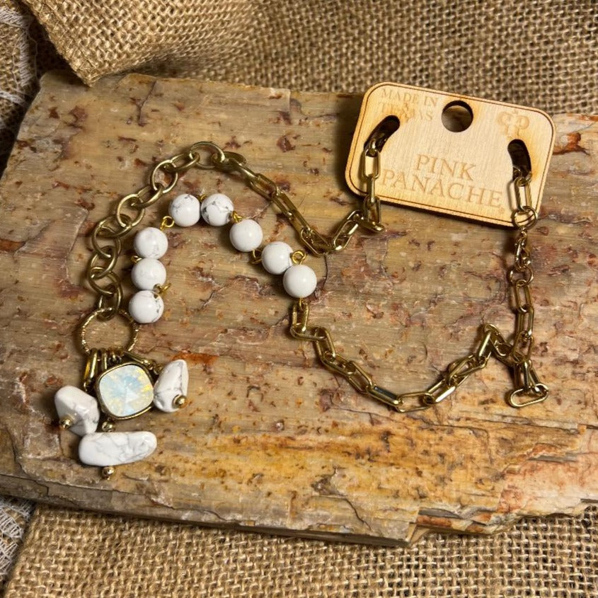 White Jasper Bead & Gold Chain Necklace